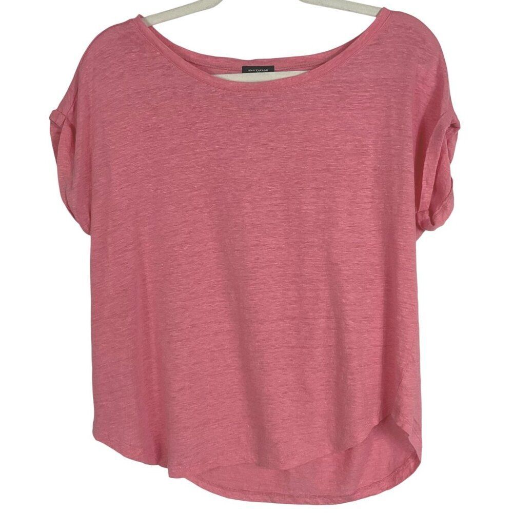 Ann Taylor Factory 100% Linen Tee, Pink, Size Large, Rolled Sleeves